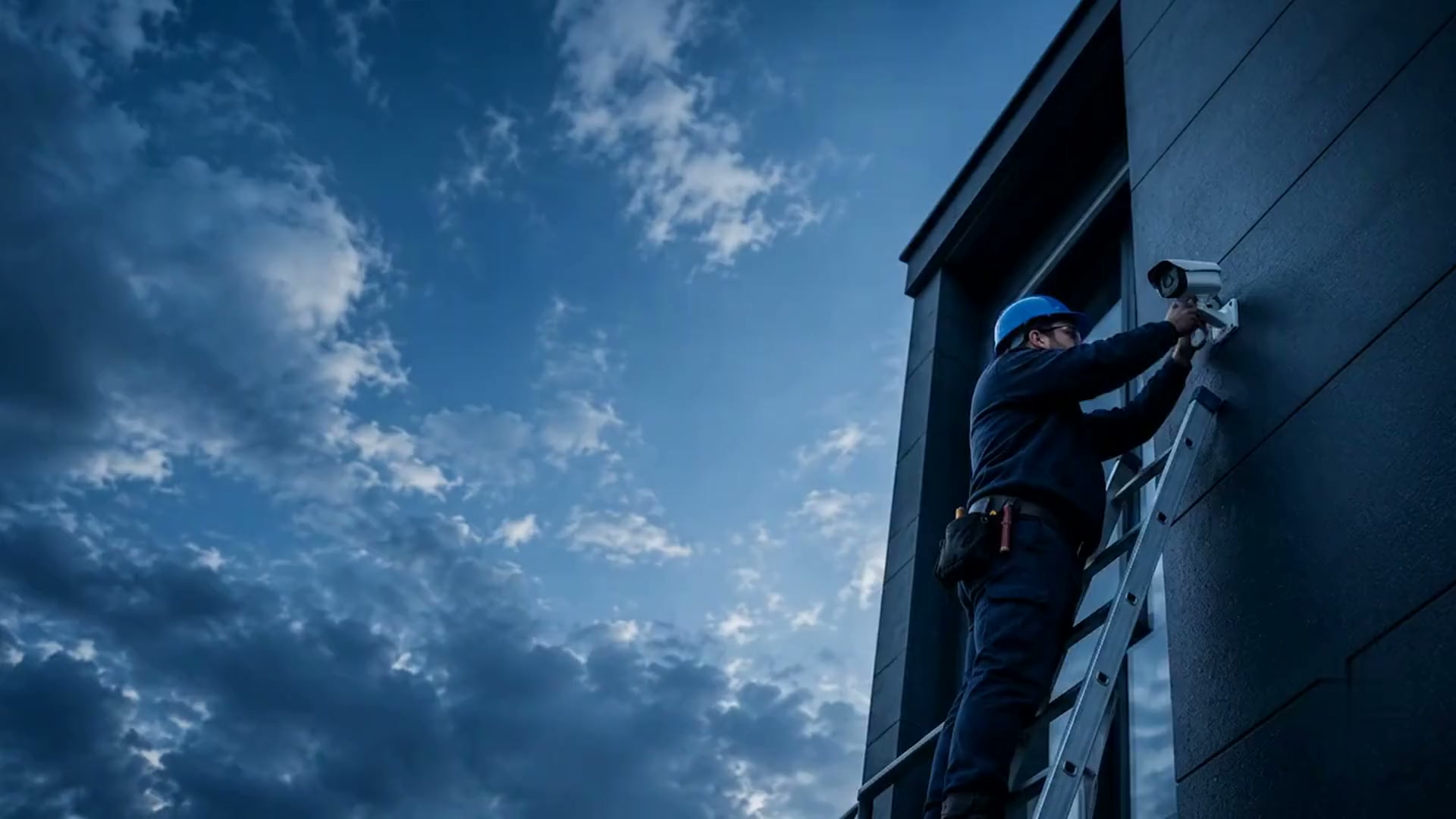 Commercial security technician installing CCTV on a building for Raiden Technologies