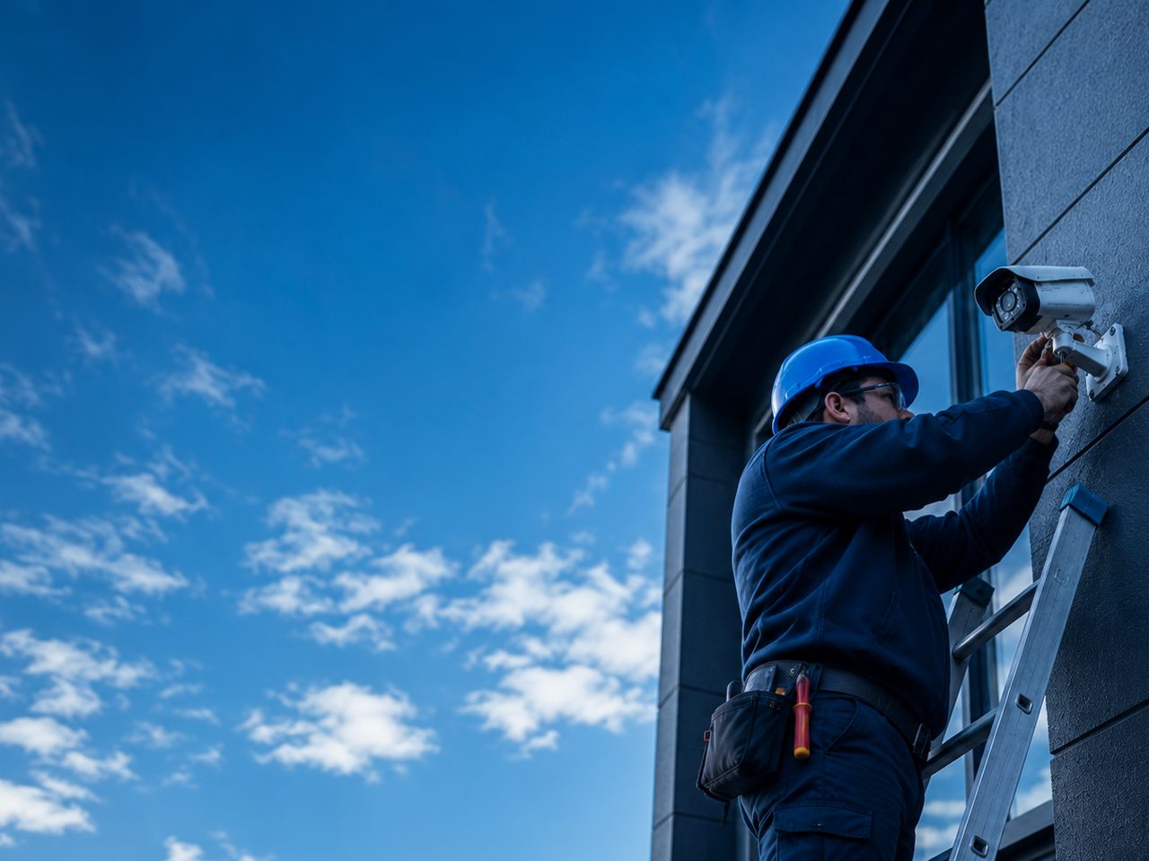 Technician installing a commercial CCTV security camera on a building exterior in NSW