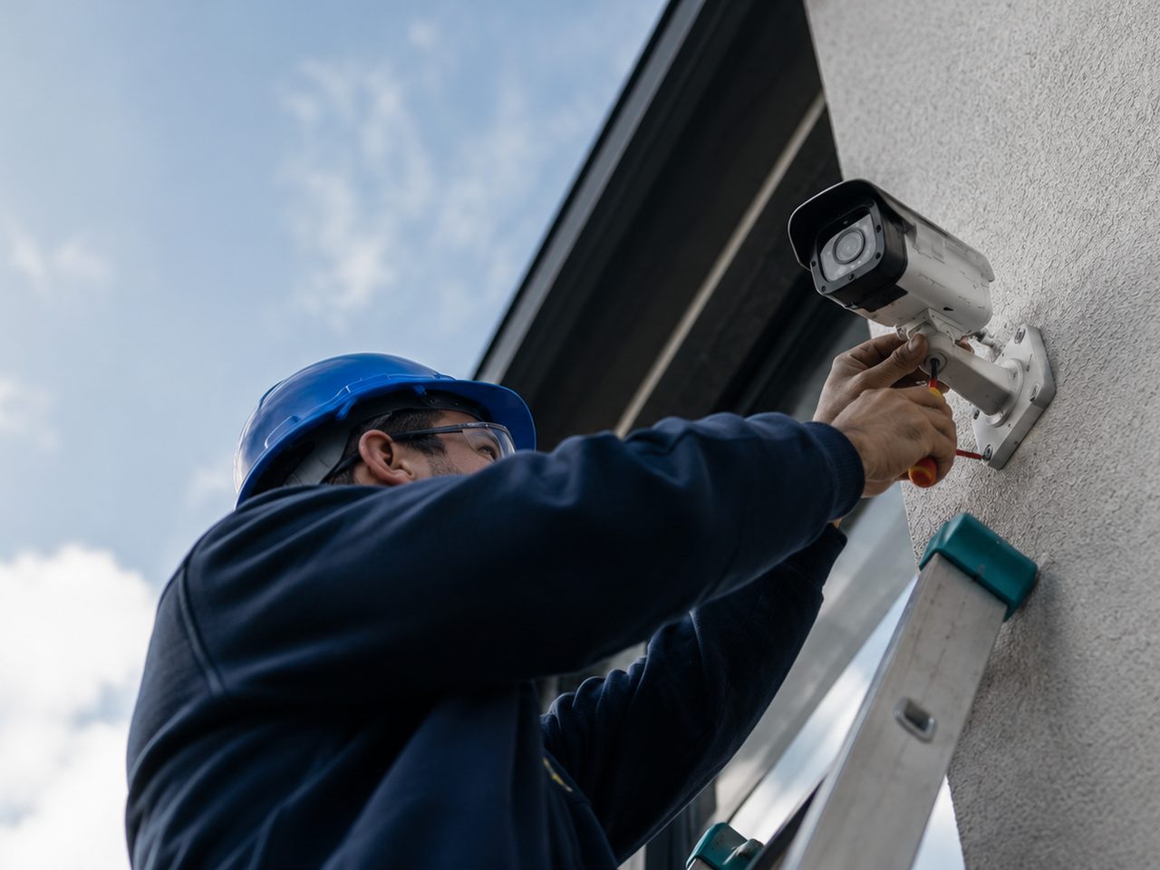 Professional installing a commercial security camera system on a building facade