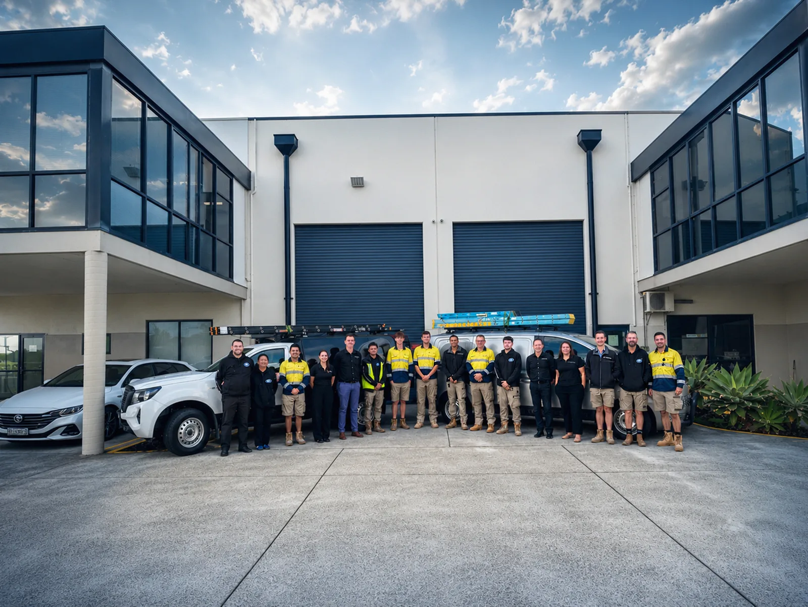 The Raiden Technologies team outside the Miranda workshop with service vehicles